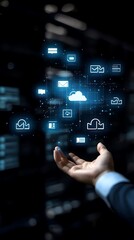 Hand Reaching Towards Digital Cloud Data Icons Symbolizing Connectivity and Modern Technology Interaction