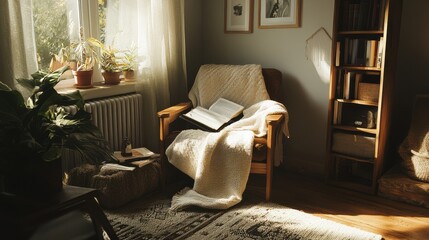 Aufkleber - Cozy reading nook with handmade furniture and natural light inviting relaxation in a serene environment