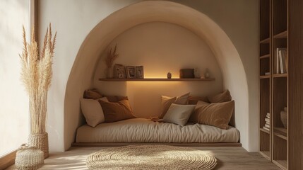 Aufkleber - Cozy reading nook with soft cushions and warm lighting in a beautifully arched alcove