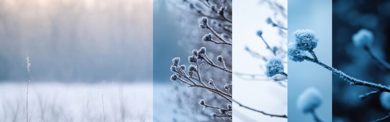 Leinwandbilder - Gradients of cool tones depicting winter frost on various natural elements in a tranquil landscape