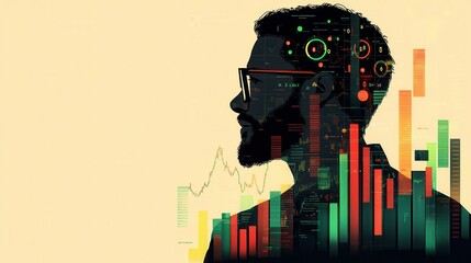 Poster - Confident trader analyzes market trends with data visualization in the background during evening hours