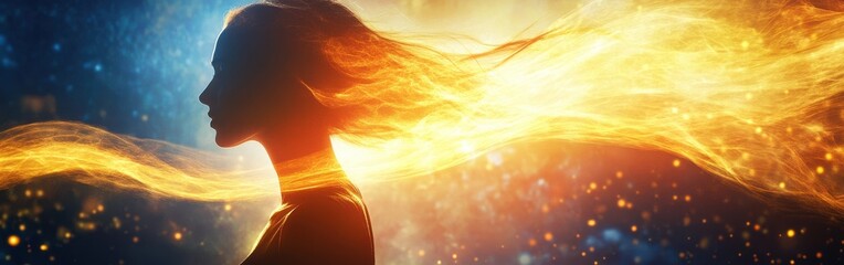 Aufkleber - Glowing woman in profile illuminated by magical energy at dusk