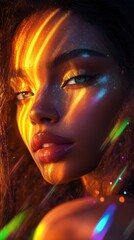 Fototapete - Conceptual visualization showcasing a glowing woman with radiant features and colorful light reflections against a dark background
