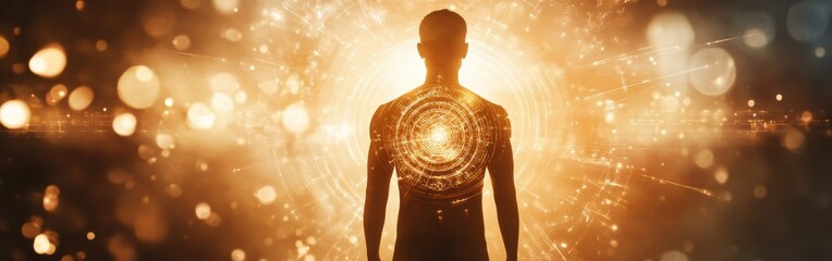 Poster - Man radiating light with a cosmic energy field in a vibrant, mystical setting during the dawn of a new era