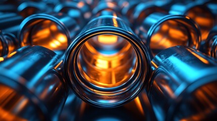 Poster - In a dynamic factory setting, aluminum tubes are arranged in close proximity, revealing an intense glow from the interior, symbolizing advanced manufacturing techniques.