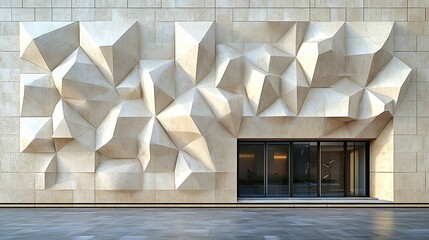 On a modern building facade, beige geometric panels create a textured three dimensional surface, providing an abstract and visually interesting architectural detail.