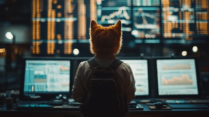 Fototapete - A trader in a cat hat stands in front of multiple computer screens, displaying stock market data and charts during a bustling late-night trading session.