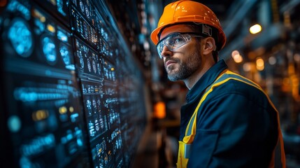 Leinwandbilder - A worker in a hard hat and safety glasses interacts with advanced control panels in a manufacturing plant. The environment features automated machinery and displays showing real-time data.
