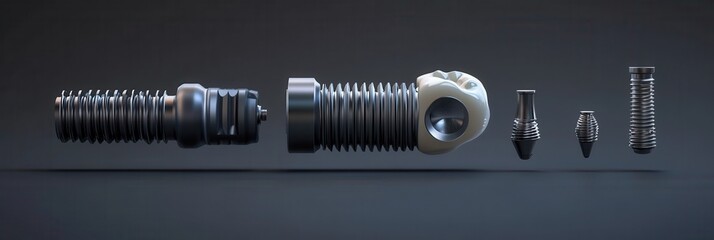 Aufkleber - Detailed 3D render of a dental implant in exploded view showcasing components against a dark-to-light gradient background