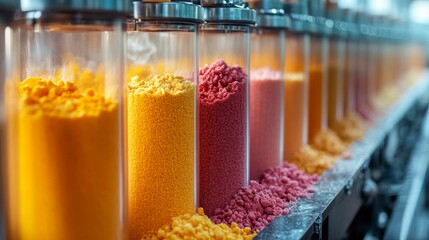 Poster - Vibrant colored powders are displayed in transparent containers within a manufacturing facility.