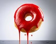 © Derek - a classic glazed donut with drips of sticky red icing hanging from its surface red sugary