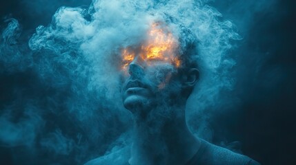 Wall Mural - Smoke explodes from a businessman's head, symbolizing burnout, stress, information overload, and mental health issues.