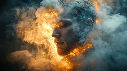 Wall Mural - Smoke explodes from a businessman's head, symbolizing burnout, stress, information overload, and mental health issues.