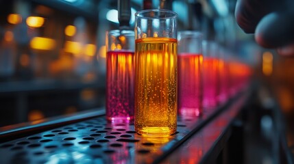 Aufkleber - A vibrant array of liquids is being processed on an automated line at a petrochemical facility. Various colored samples indicate different stages of chemical synthesis and refinement.