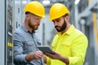 © Leo Rohmann - Two engineers discussing project specifications on a tablet in an advanced factory setting focusing on technical excellence production efficiency and innovation