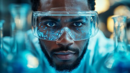 Aufkleber - Dedicated researcher closely examines chemical reactions while wearing safety goggles. Bright blue solutions are in focus, showcasing advanced research in a modern laboratory.