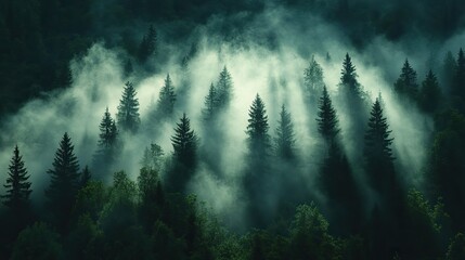 Wall Mural - sunlight pierces morning fog, mysterious forest, ethereal atmosphere.