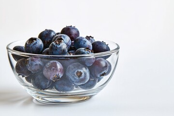 Aufkleber - Elegant glass bowl filled with fresh blueberries against clean white background in captivating eye level view