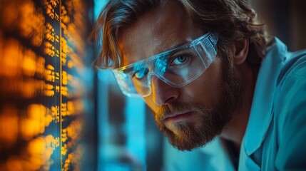 Aufkleber - A focused engineer studies complex data trends, illuminated by glowing screens, showcasing the high-tech environment of a petrochemical processing site.
