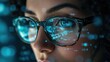 © Cozy Coffee Bar - Close-up of a Person's Face with Eyeglasses Reflecting Digital Data