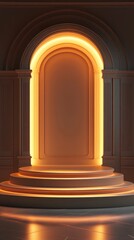 Aufkleber - Illuminated Archway Podium Serene Elegance in Architectural Design Neutral Tones and Glowing Backlight Interior Showcase