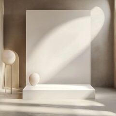 Aufkleber - Minimalist Beige Interior with Empty Display Platform Spherical Elements Casting Light and Shadows Neutral Background