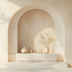 Poster - Minimalist display area featuring pottery vases and cosmetic products on a sunlit platform
