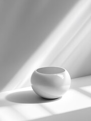 Aufkleber - Minimalist Still Life Spherical White Bowl under Abstract Sunlight Casts Artistic Shadow on the Wall