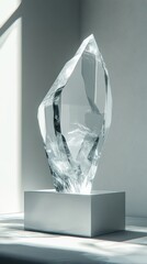 Poster - Striking Clear Crystal Formation on Display a Minimalist Interior with Natural Lighting and Modern Style