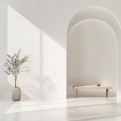 Aufkleber - Serene minimalist interior with plant vase wooden bench and geometric arch in soft light a stylish space