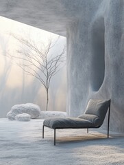 Poster - Serene Minimalist Interior Design Lounger Chair Set Against Soft Light Tree Rock Backdrop Modern Elegance