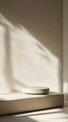 Poster - Minimalist pedestal display beige backdrop with leaf shadows for presentation of product and creative design