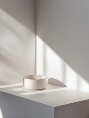 Poster - Minimalist scene of a bowl and paper piece against a corner with natural light and shadow contrast