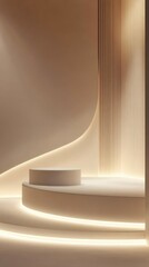 Poster - Minimalist Showcase Podium Against a Geometric Beige Background Illuminating a Product Display Stage Backdrop
