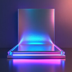 Aufkleber - Luminous podium with modern iridescent glass panel against violet background highlighting chromatic gradients