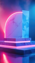 Aufkleber - Neon Podium Display with Marble Arch and Vibrant Pink and Blue Background for Product Showcase