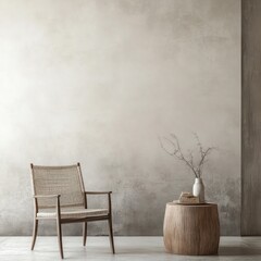 Poster - Simple interior arrangement of a chair and table in an empty room against a concrete wall in warm light