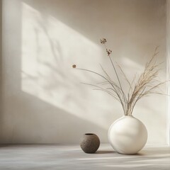 Poster - Light and Shadow on Rustic Wall Minimalist Still Life with Vases and Dried Grasses Tranquil Art
