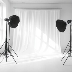 Aufkleber - Bright photography studio setup with seamless white background fabric and studio lighting equipment ready for photo shoot