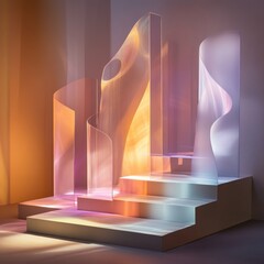Aufkleber - Abstract modern art installation with geometric shapes on a pastel staircase glowing with light and shadows