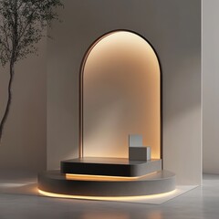 Aufkleber - Platform with Arched Backdrop and Ambient Lighting a Product Presentation with Natural Elements