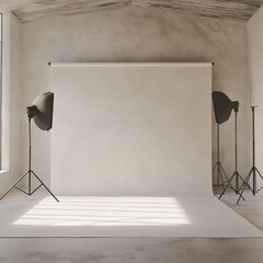 Aufkleber - Bright Interior Studio Backdrop with Modern Lighting Setup and Concrete Floor for Photography