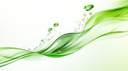 Abstract green flowing water with droplets on white background