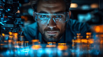 Poster - An engineer in protective goggles examines intricate machinery for steel and aluminum fabrication. The environment showcases advanced automation technologies in a busy factory.