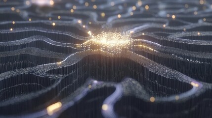 A neural network visualization with glowing interconnected nodes processing machine learning tasks