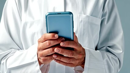 Doctor using smartphone, telehealth, studio, grey background, medical app