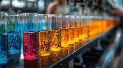 Aufkleber - Vibrant solutions in glass containers line a factory workbench, demonstrating chemical synthesis. Workers engage in automated processing, highlighting industry innovation.