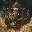 © Татьяна Лобачова - A detailed statue Lord Ganesha surrounded by smoke and flames. Hindu deity, spiritual symbolism, divine presence, religious artistry, sacred energy, cultural heritage, powerful imagery. Generative AI.