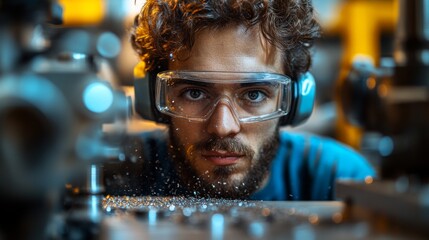 Poster - A skilled worker wearing protective eyewear concentrates on machining metal components in an automated factory. Sparks and metal shavings highlight the intricate work being done.