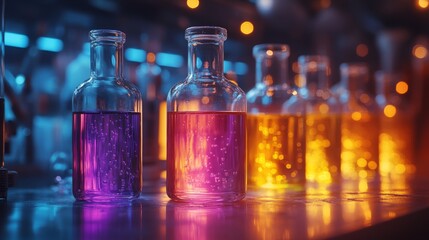 Poster - Flasks containing vibrant purple and orange liquids are positioned on a counter in a chemical processing area.
